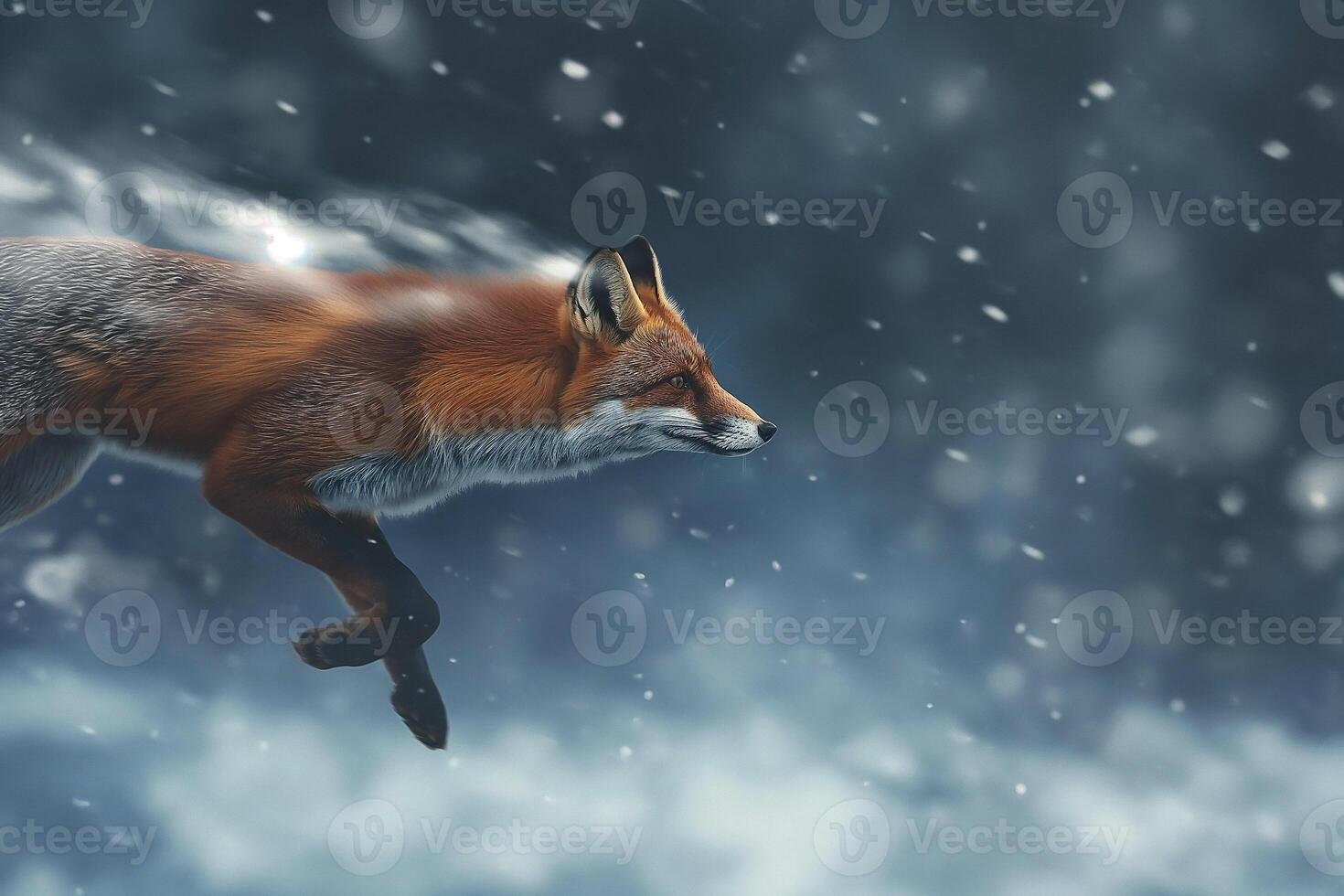 European Red Fox running through deep snow and cloud. Fox in winter nature photo