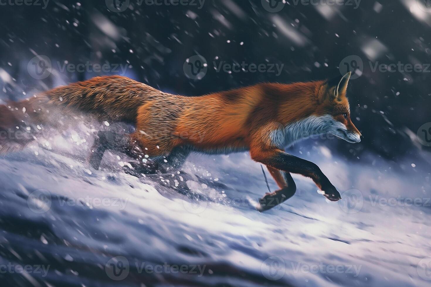 European Red Fox running through deep snow and cloud. Fox in winter nature photo