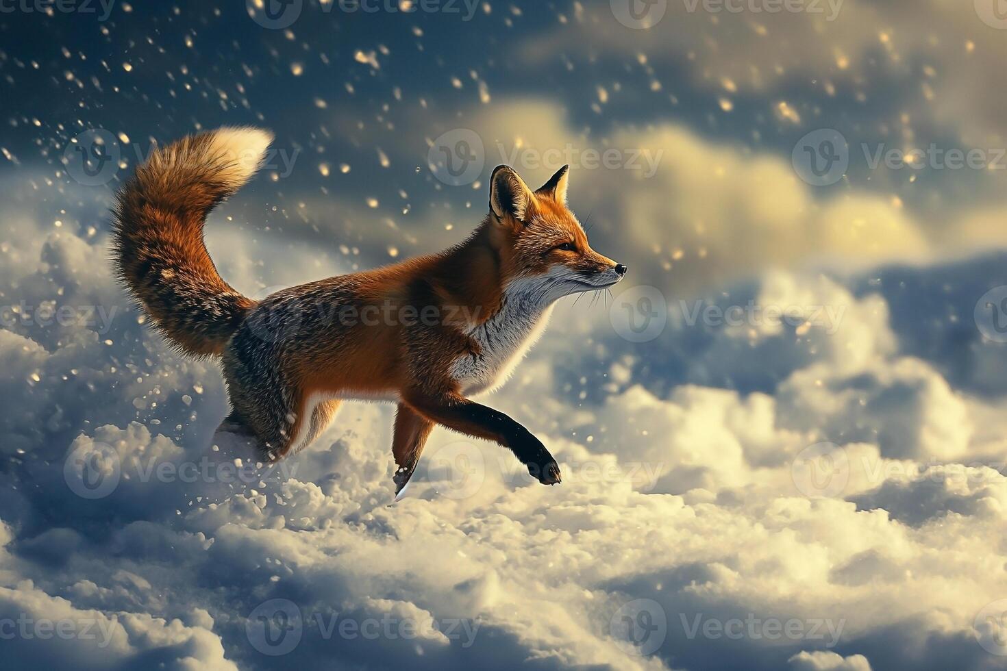 European Red Fox running through deep snow and cloud. Fox in winter nature photo