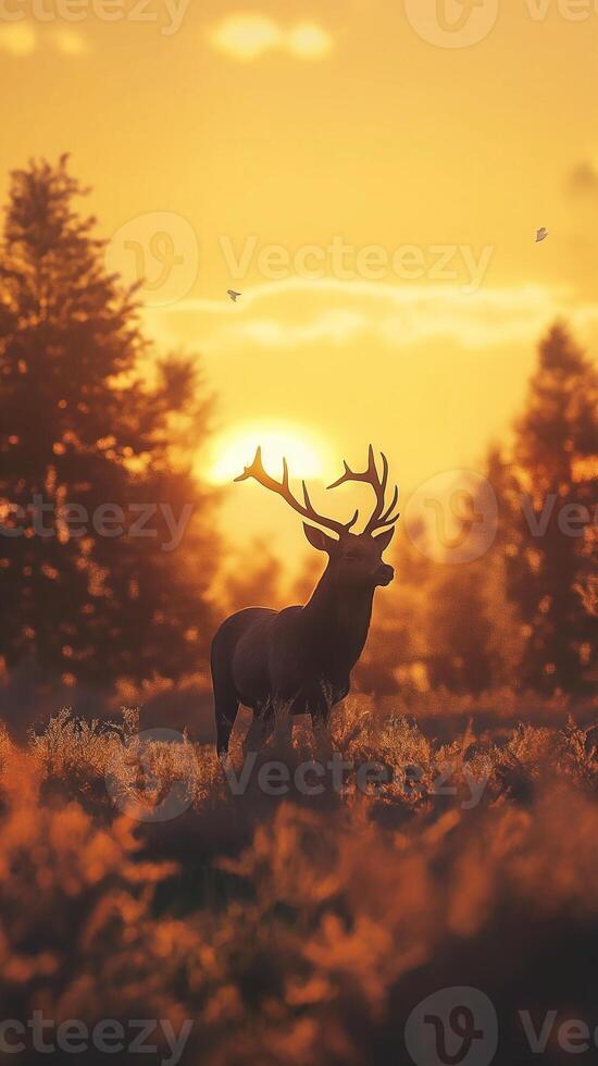 Beautiful deer stag in the forest at sunset in the grass ray trees photo