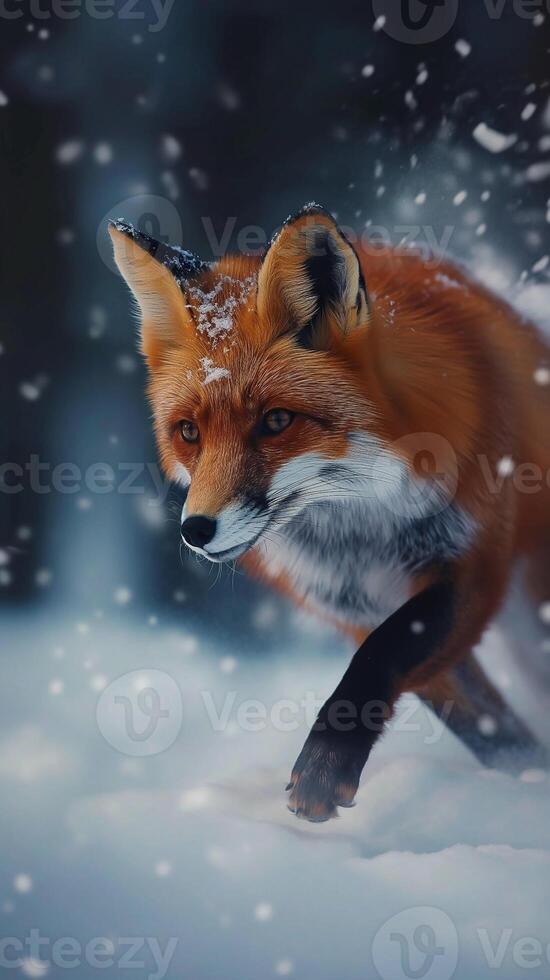 European Red Fox running through deep snow and cloud. Fox in winter nature photo