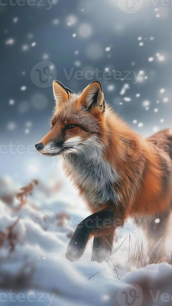 European Red Fox running through deep snow and cloud. Fox in winter nature photo