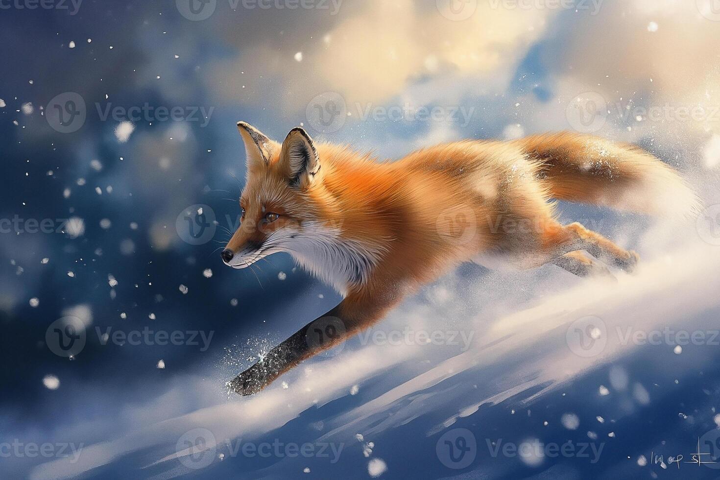 European Red Fox running through deep snow and cloud. Fox in winter nature photo