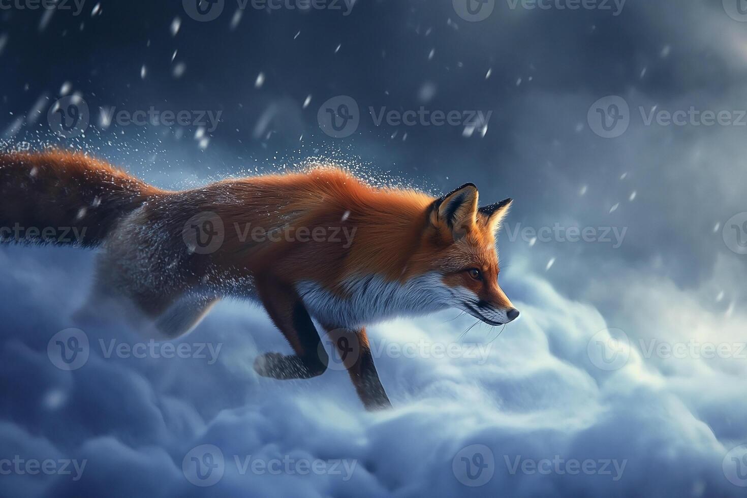 European Red Fox running through deep snow and cloud. Fox in winter nature photo