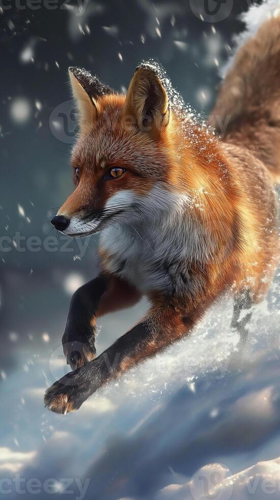 European Red Fox running through deep snow and cloud. Fox in winter nature photo