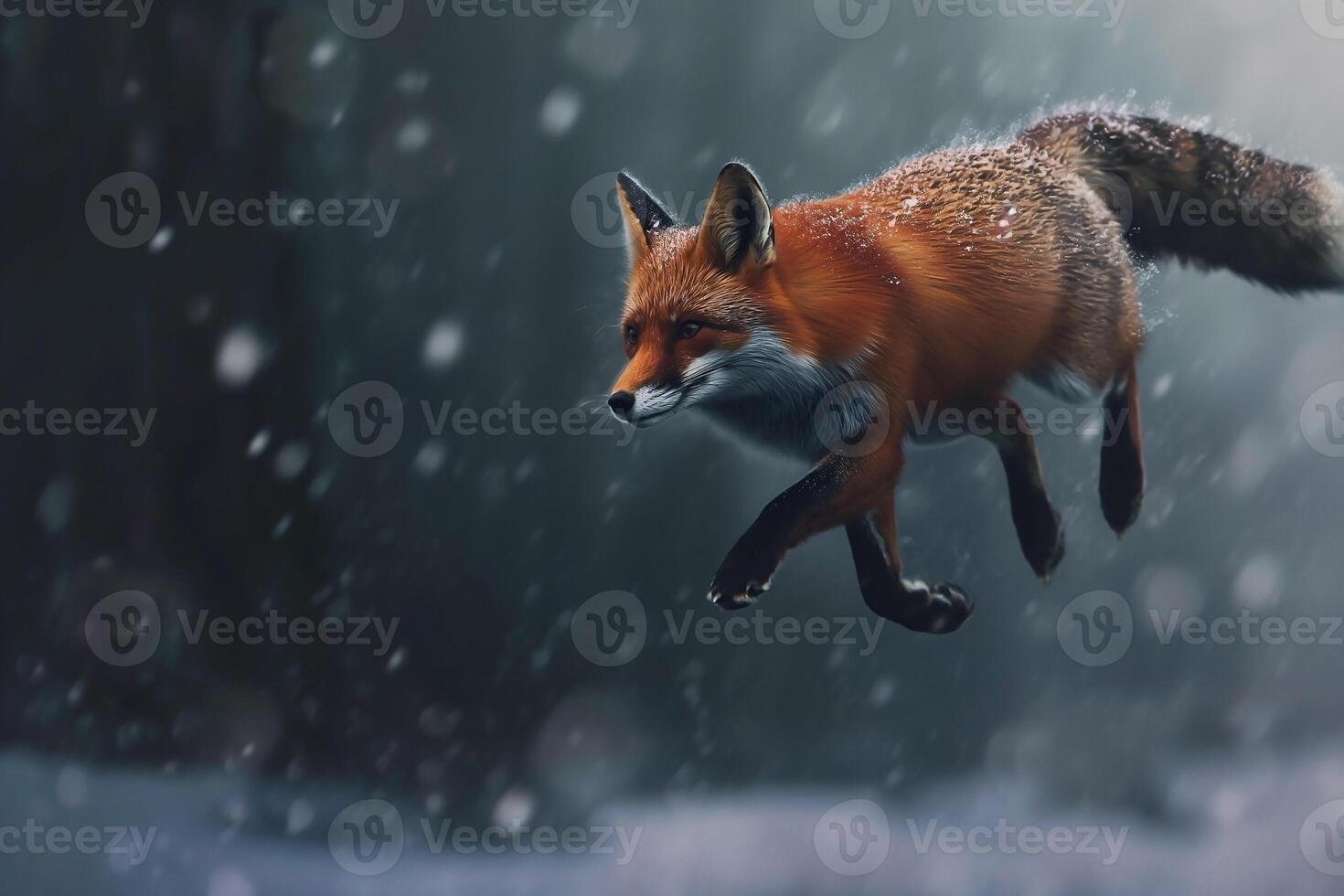 European Red Fox running through deep snow and cloud. Fox in winter nature photo