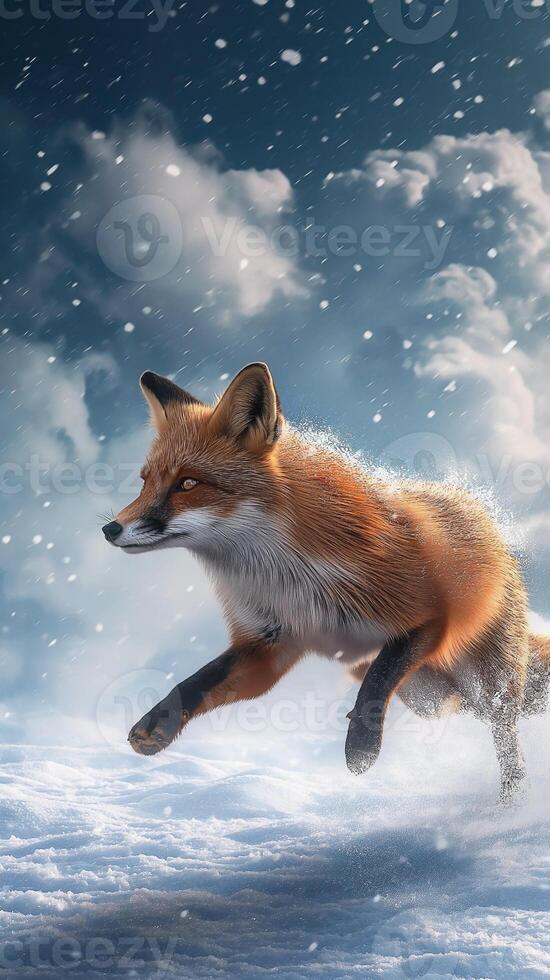 European Red Fox running through deep snow and cloud. Fox in winter nature photo