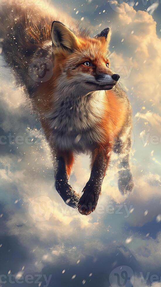 European Red Fox running through deep snow and cloud. Fox in winter nature photo