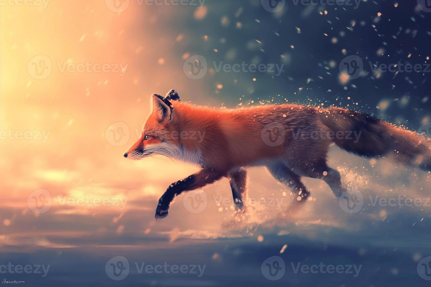 European Red Fox running through deep snow and cloud. Fox in winter nature photo