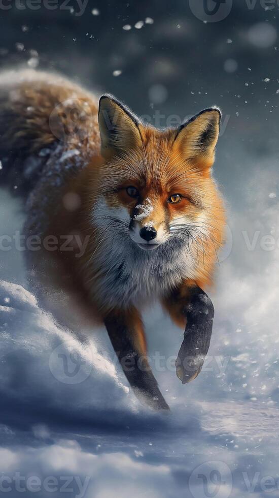 European Red Fox running through deep snow and cloud. Fox in winter nature photo