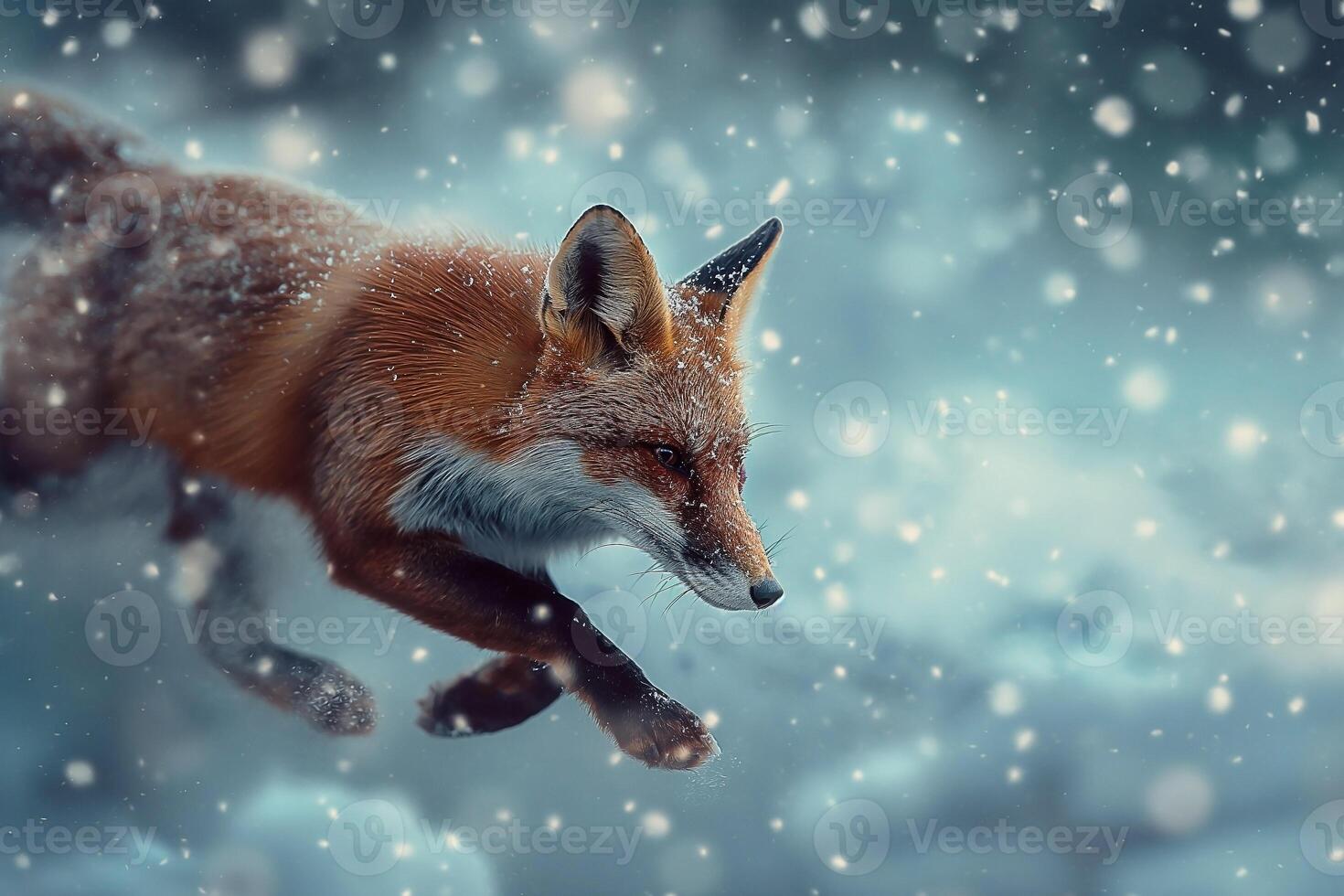European Red Fox running through deep snow and cloud. Fox in winter nature photo