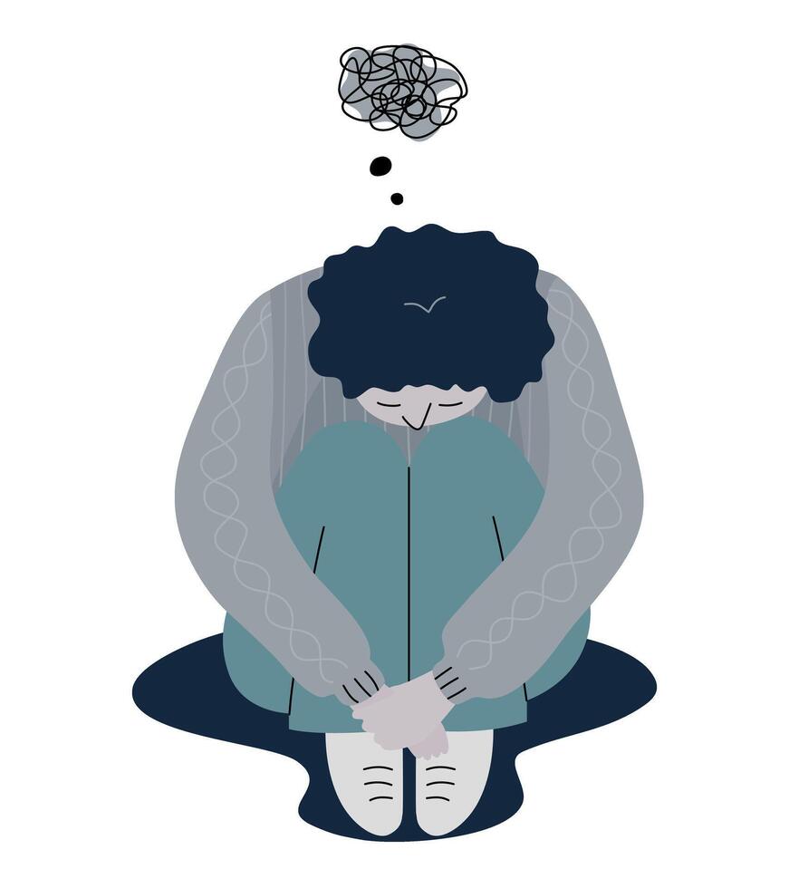 Isolated of a boy hugging his knees, hand drawn illustration. vector