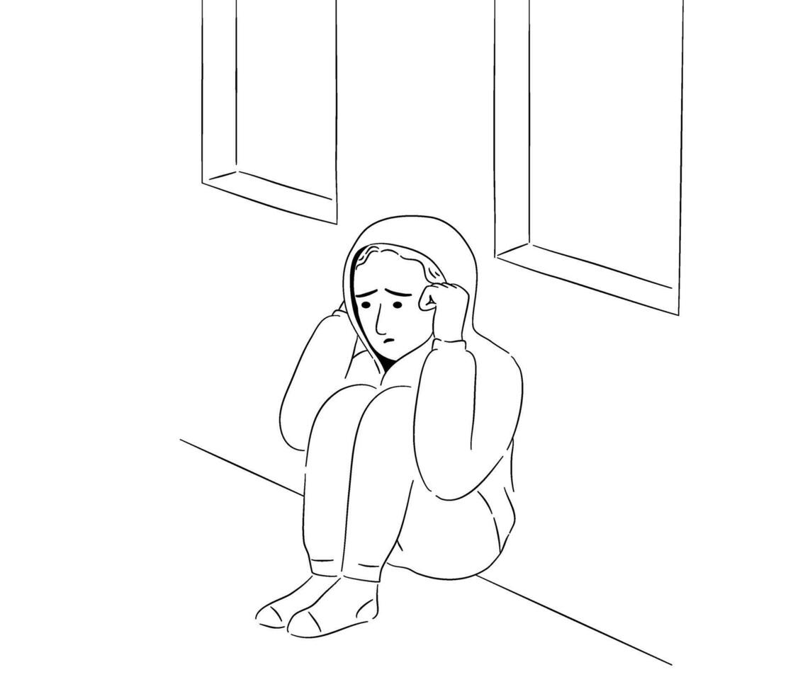 Hand drawn outline a person sitting on the floor and covering ears with hands with stress. vector