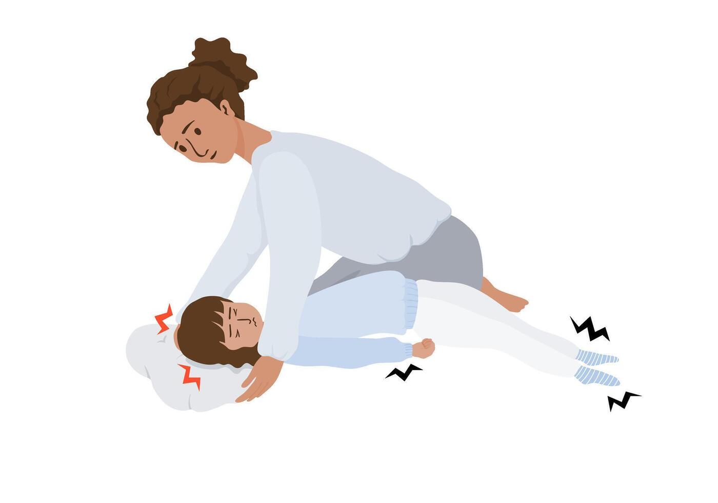 Isolated of a child girl with epileptic seizures and mother with pillow on her head, Hand draw flat epilepsy illustration. vector
