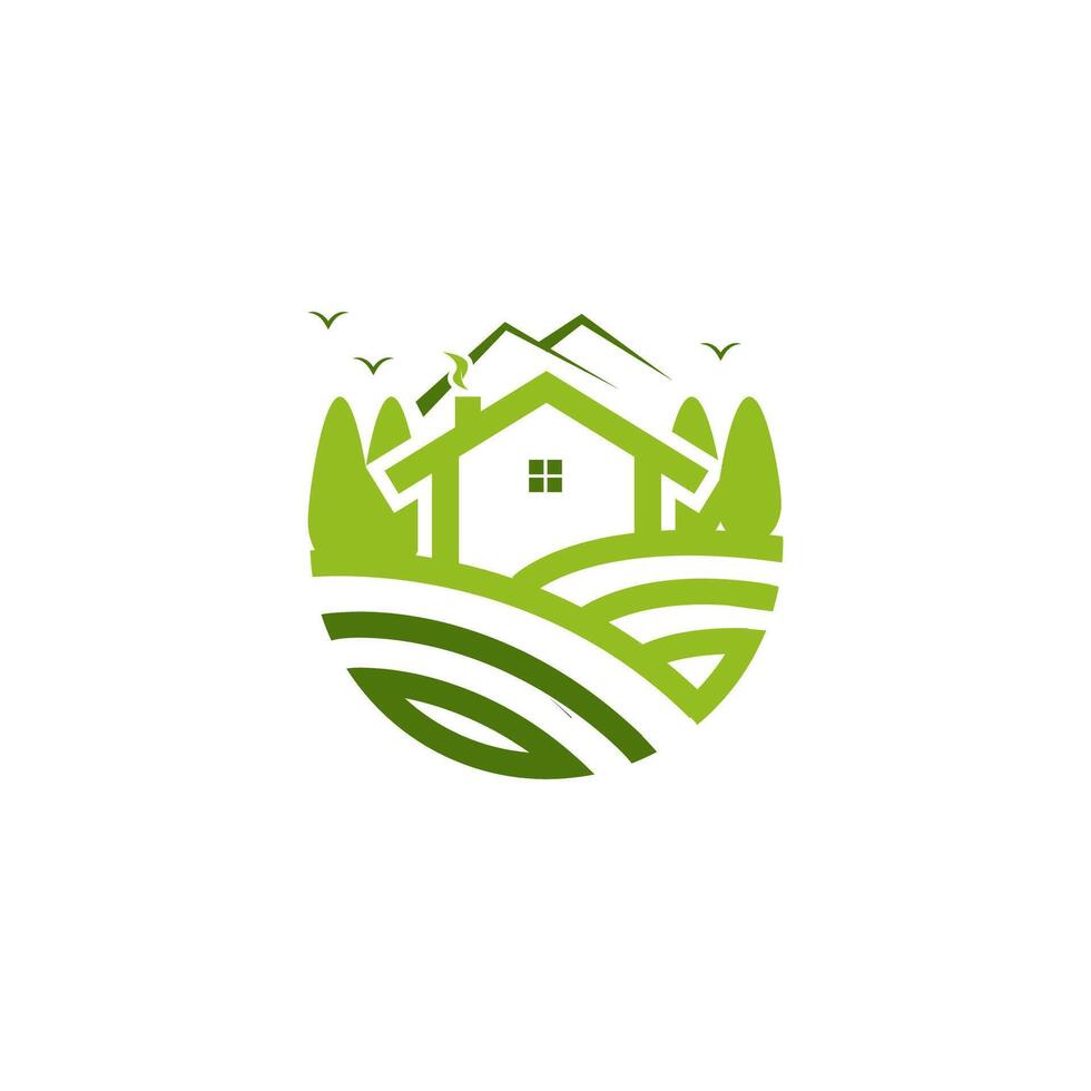 a green house with trees and mountains in the background vector