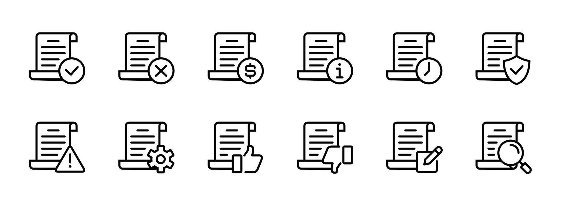 Paper contract approval status icon outline style document process signs design for finance business office, terms, and policy agreement, and contract application steps vector