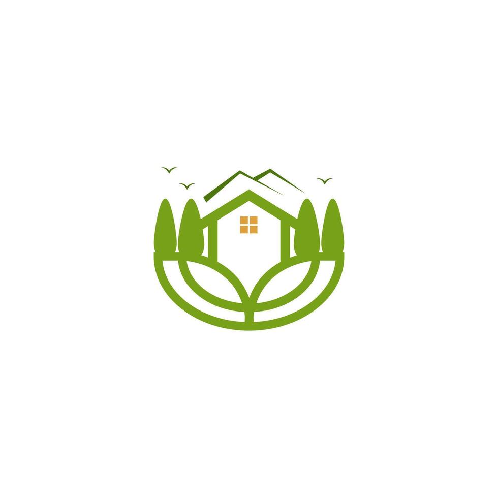 a house with trees and mountains in the background vector