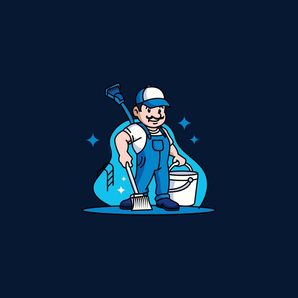 a man in overalls holding a broom and cleaning a toilet vector