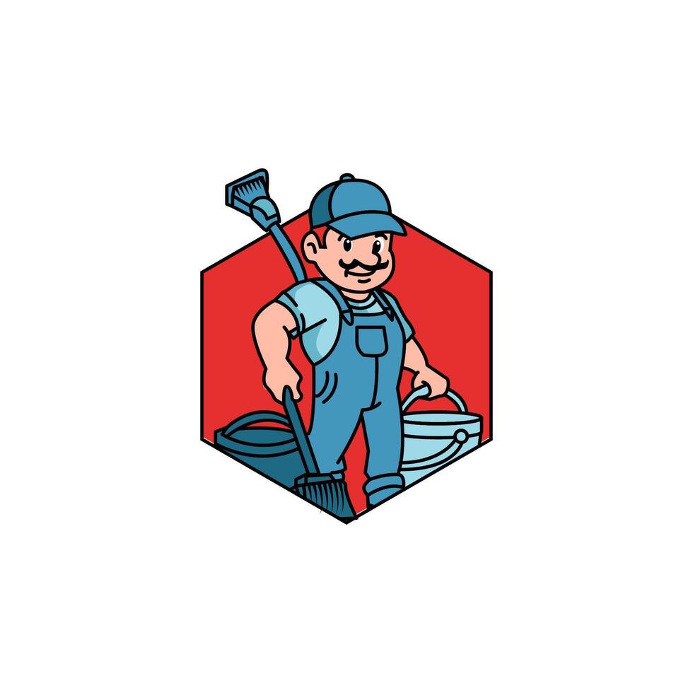 a man in overalls holding a broom and cleaning a toilet vector
