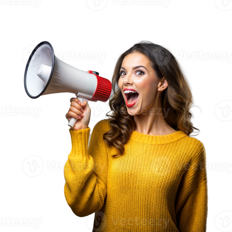 Woman smiling and shouting into megaphone on transparent background png