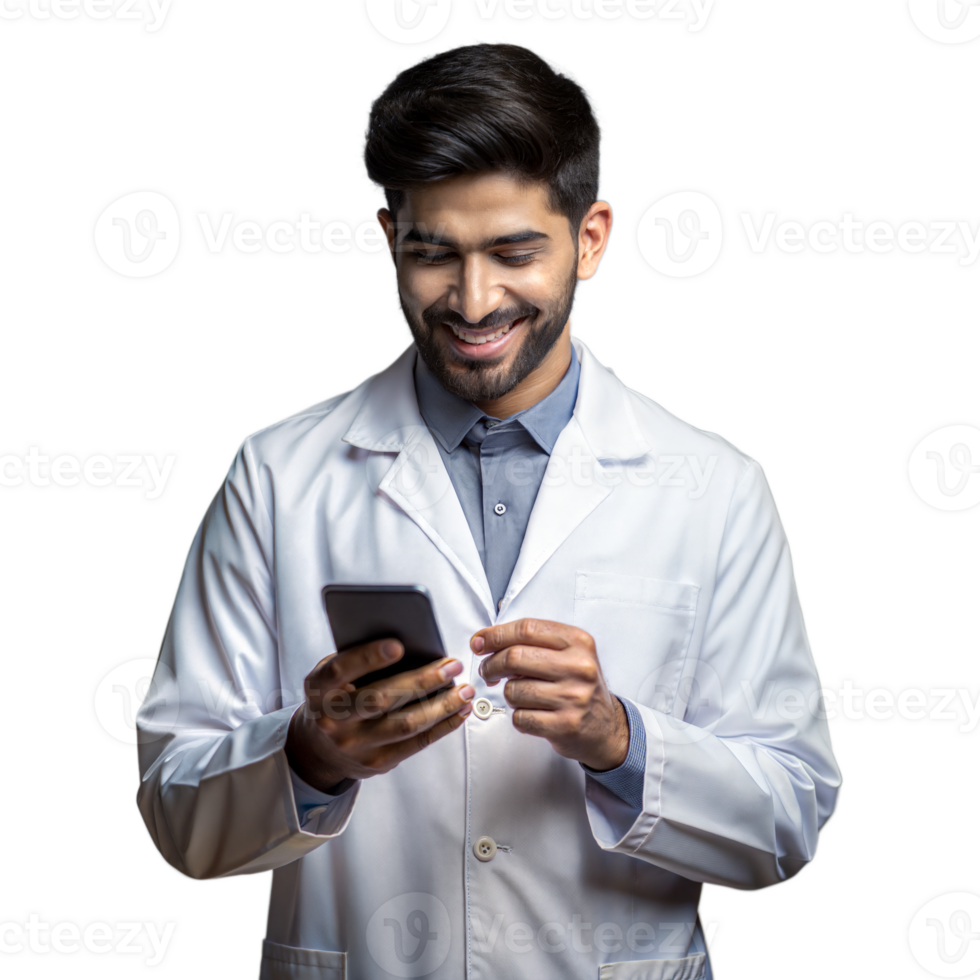 Male doctor using a smartphone on transparent background png