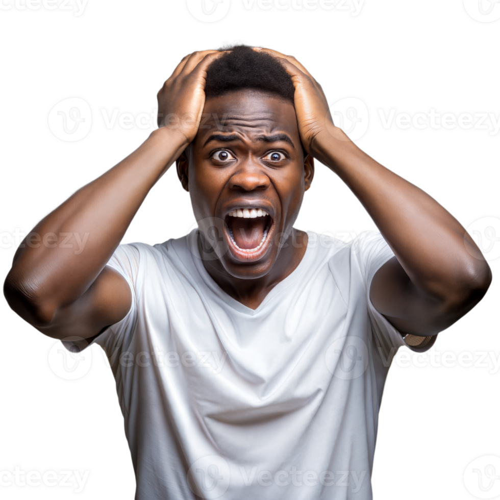 Shocked man holding head with open mouth on transparent background png