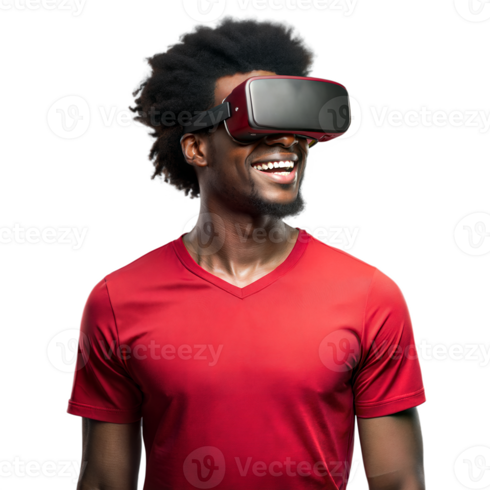 Man wearing virtual reality headset smiling on transparent background png