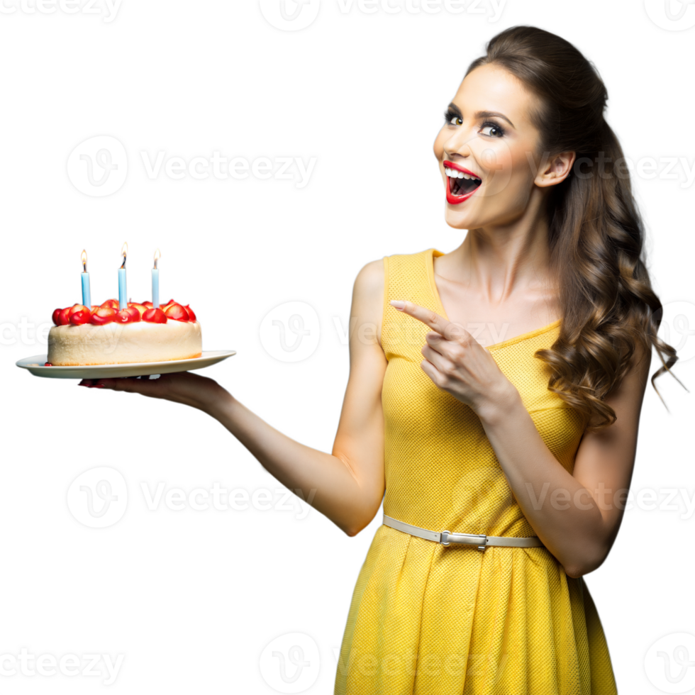 Happy woman holding birthday cake with candles and smiling png