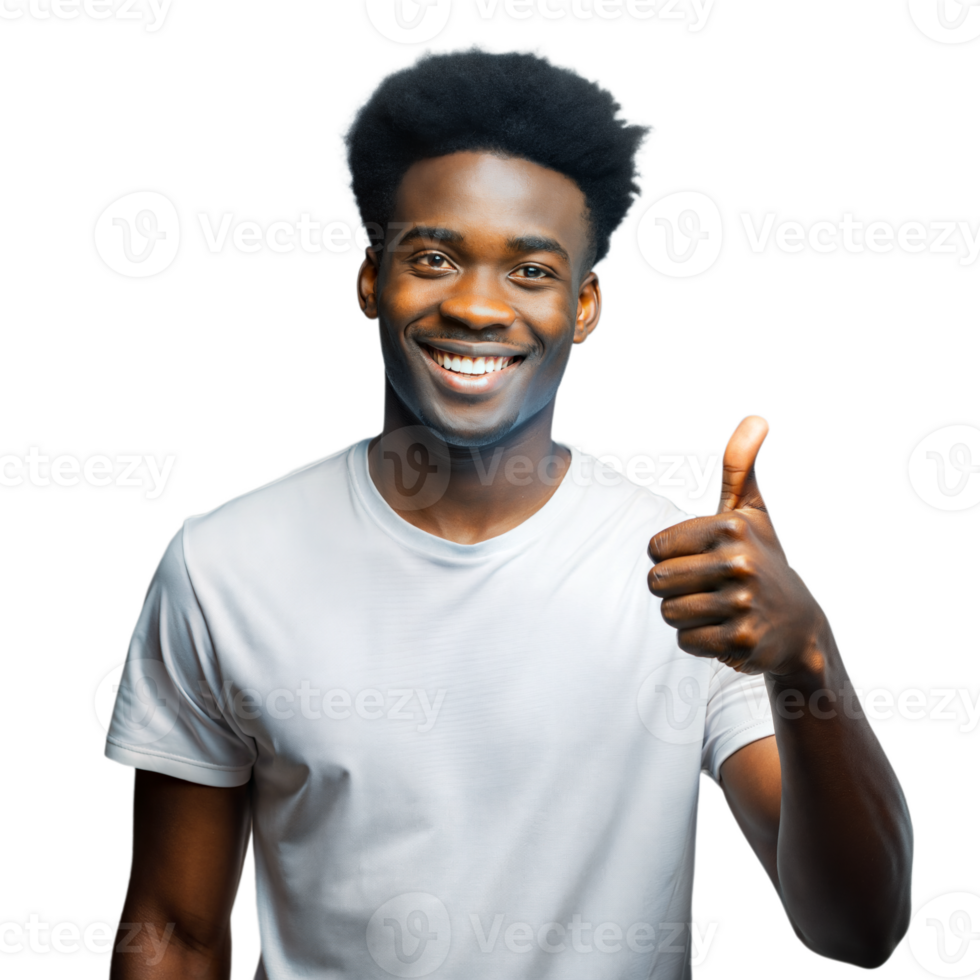 Smiling young man giving thumbs up on transparent background png