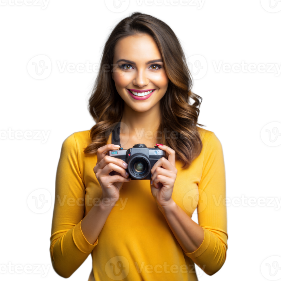 Smiling woman holding camera on a transparent background png