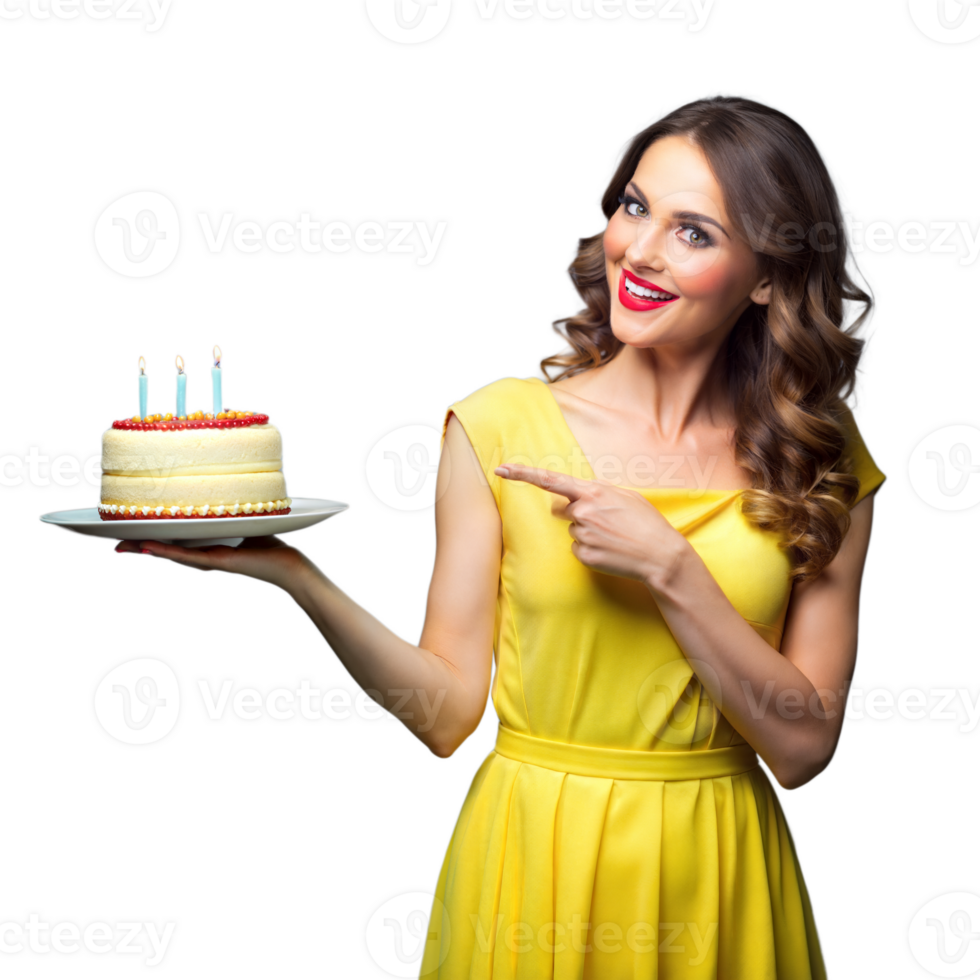 Happy woman pointing at birthday cake with candles on transparent background png