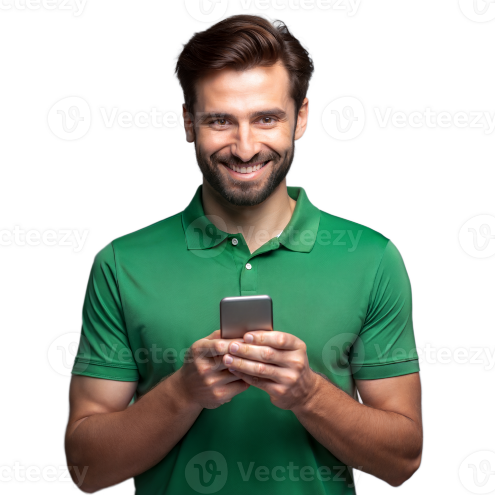 Smiling man in green shirt using smartphone on transparent background png