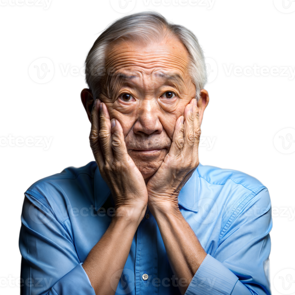 Thoughtful elderly man in blue shirt on transparent background png