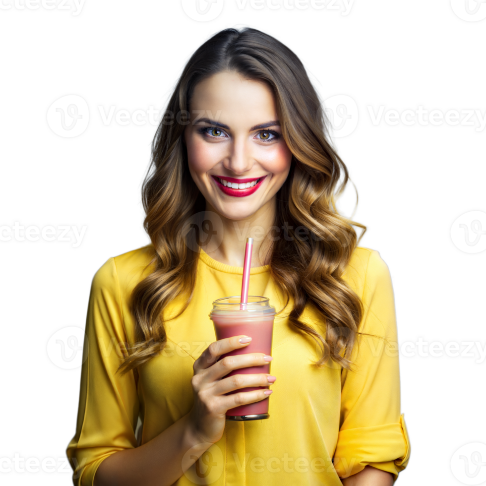 Smiling woman enjoying a fresh smoothie on transparent background png