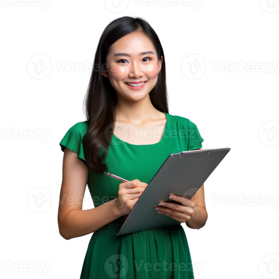 Smiling woman holding a clipboard on a transparent background png