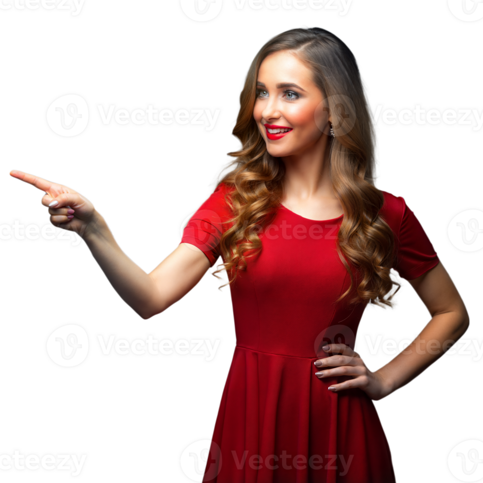 Smiling woman in red dress pointing on transparent background png