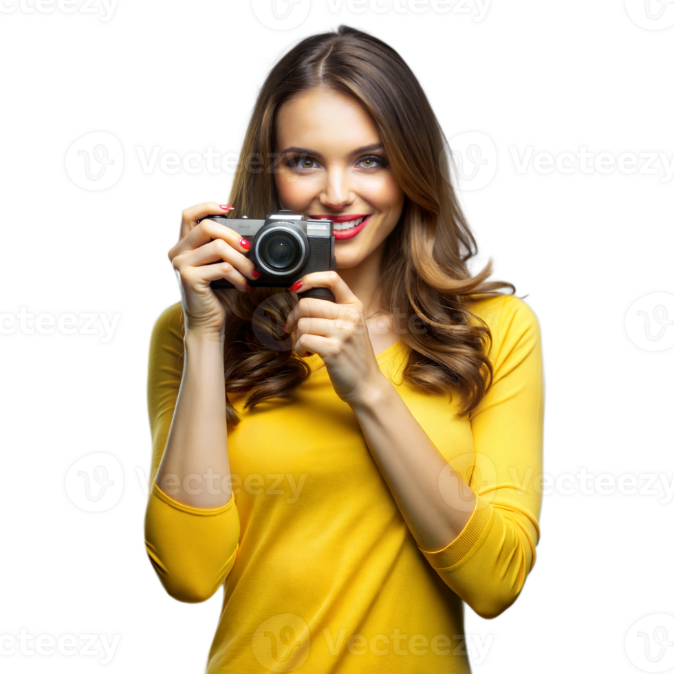 Smiling woman photographing with camera on transparent background png