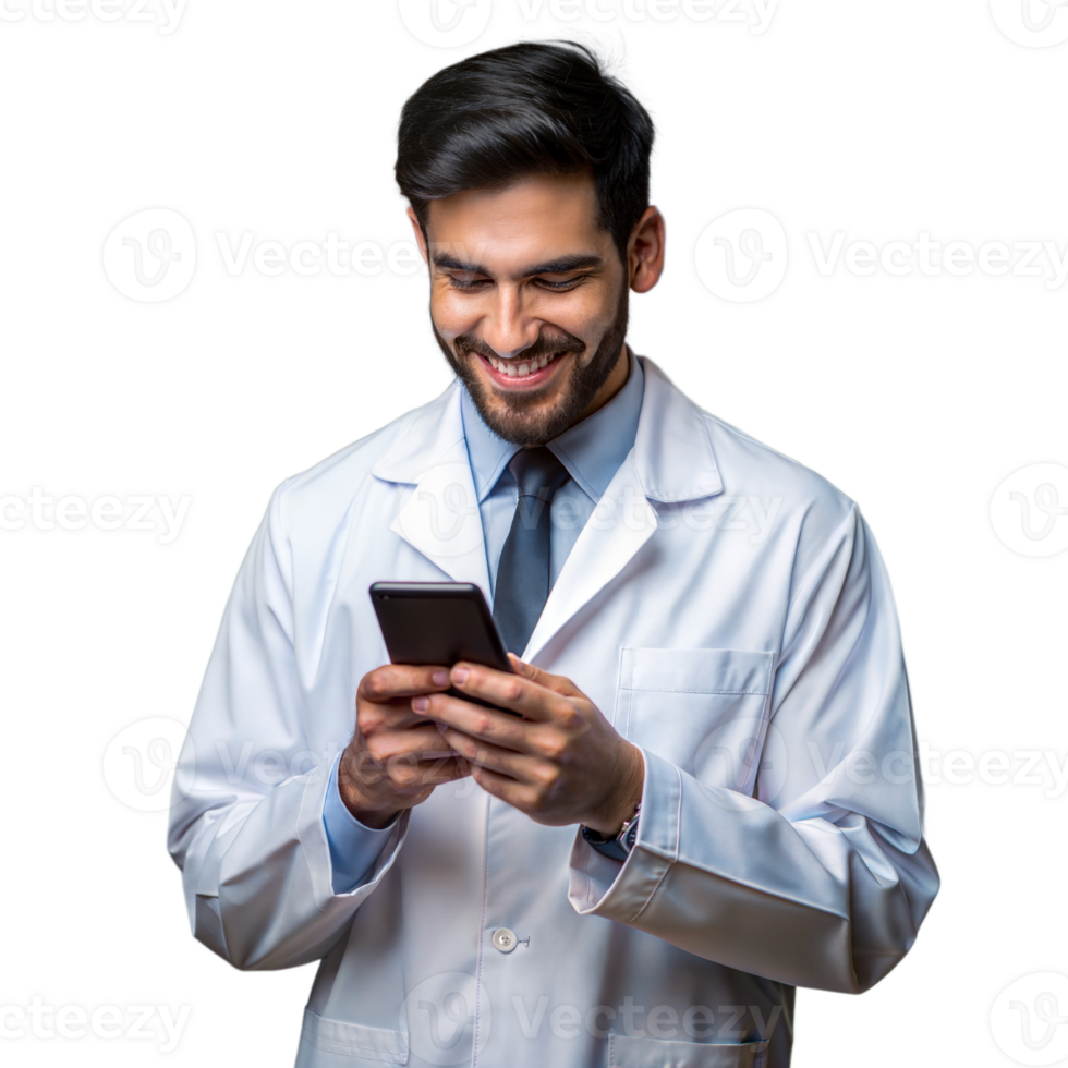 Smiling doctor using smartphone with transparent background png