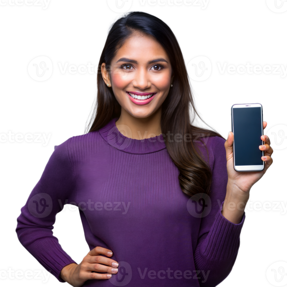 Smiling woman holding a smartphone on transparent background png