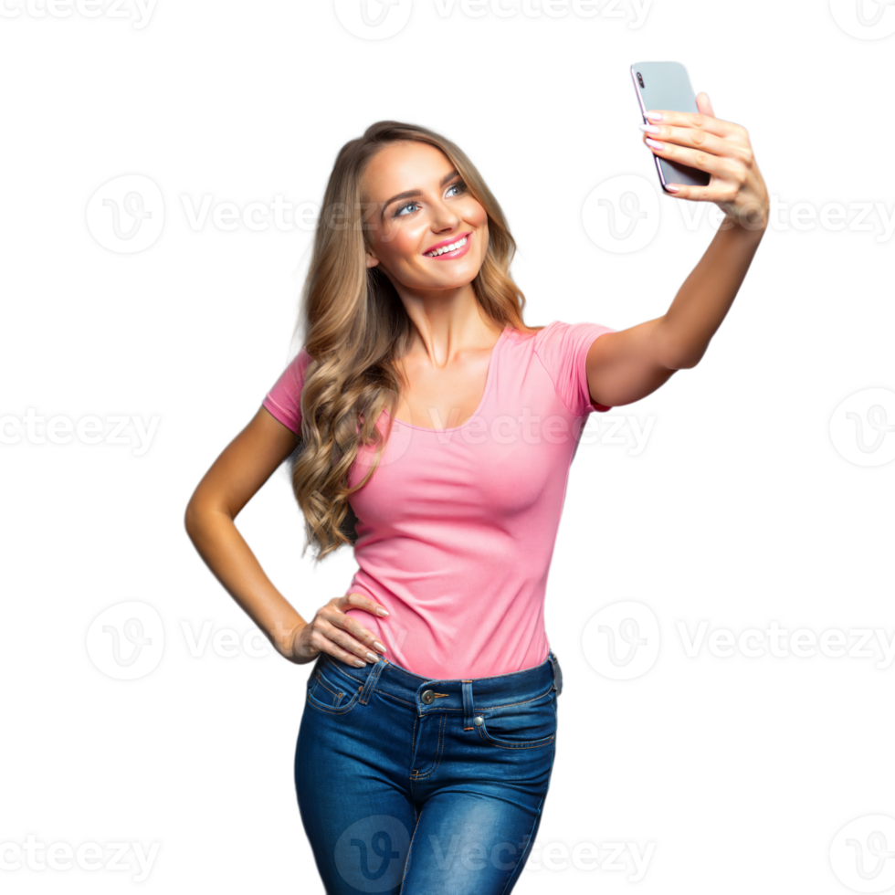 Smiling woman taking a selfie with smartphone on transparent background png