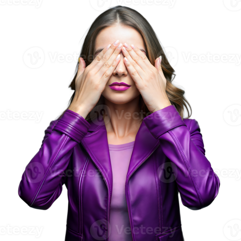 Woman in purple outfit covering eyes on transparent background png
