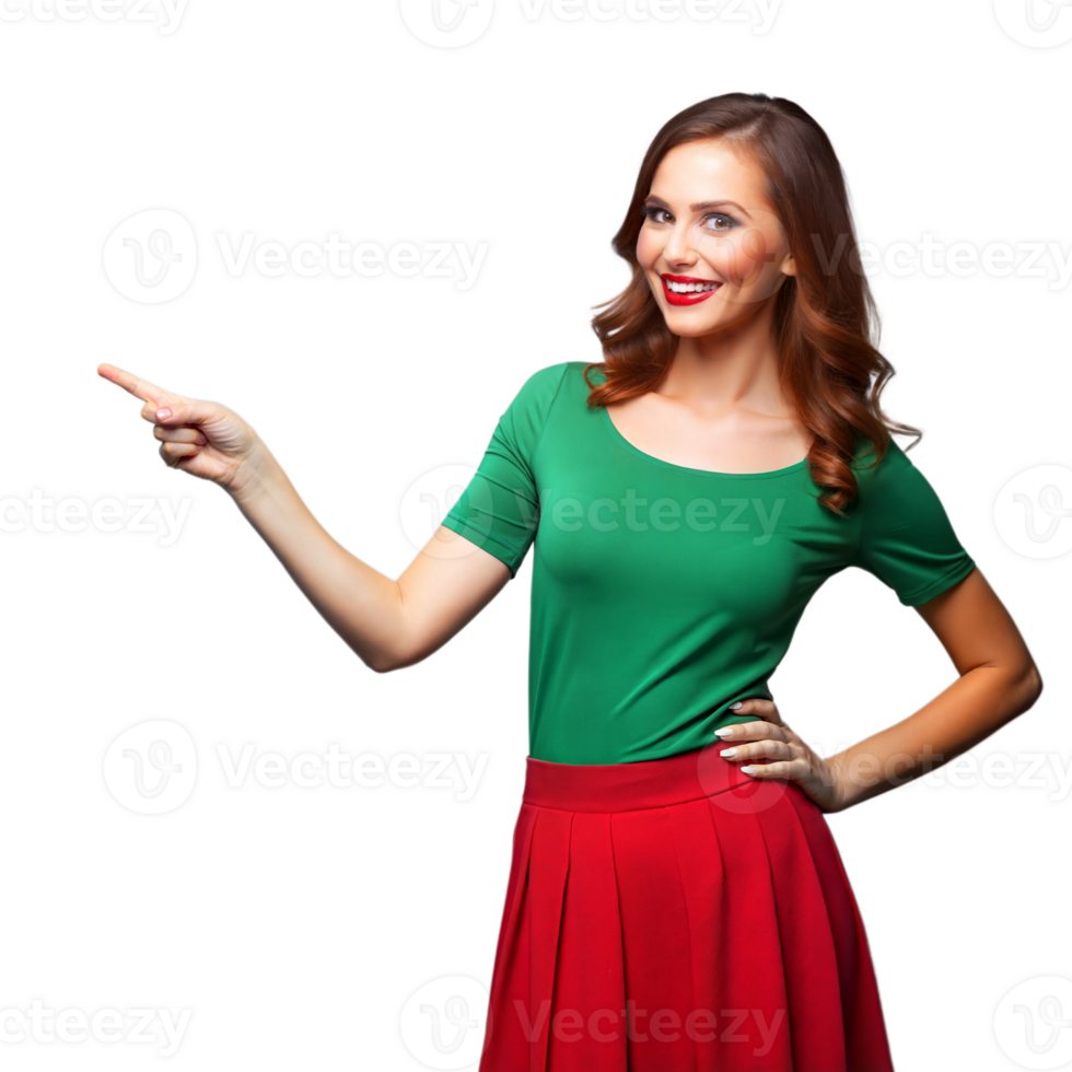 Smiling woman pointing with confidence on transparent background png