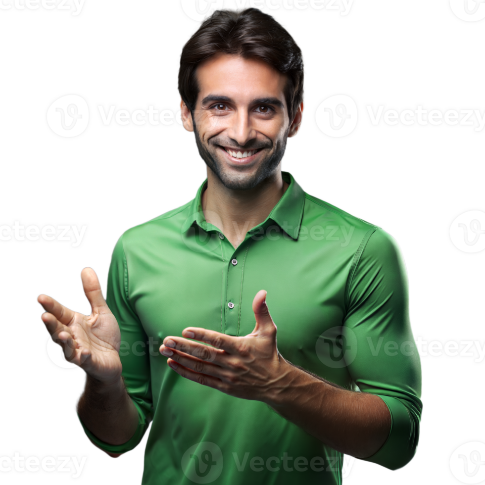 Happy smiling man in green shirt clapping with transparent background png