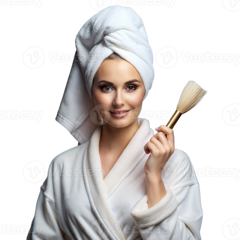 mujer en bata de baño con maquillaje cepillo y toalla en cabeza png
