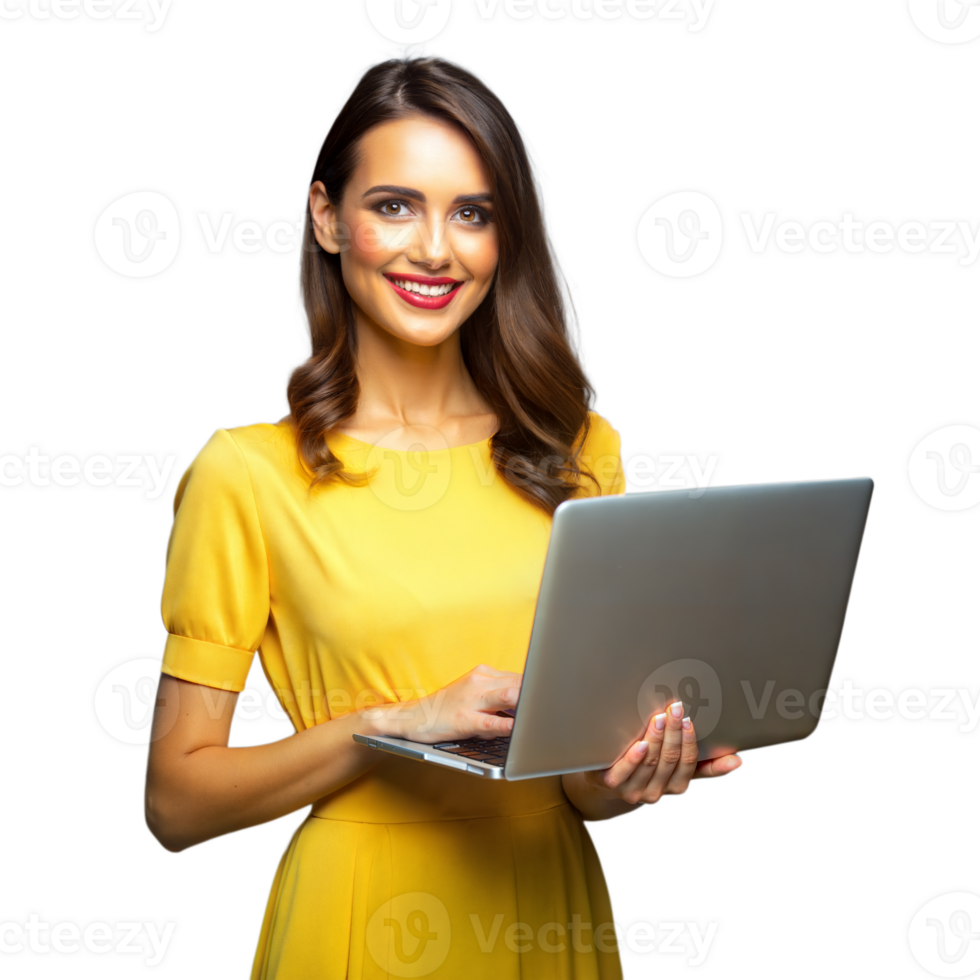 Smiling woman working on laptop wearing yellow dress on transparent background png