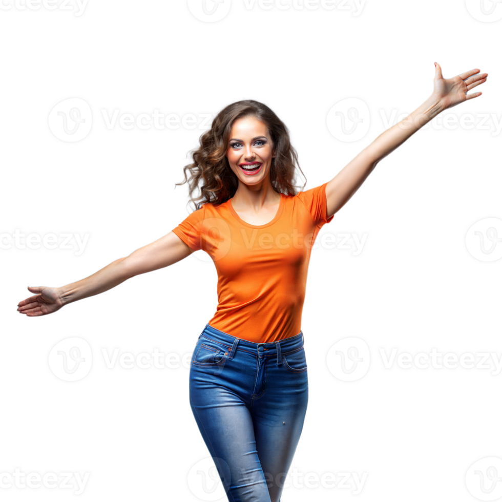 Happy woman in orange shirt with outstretched arms on transparent background png