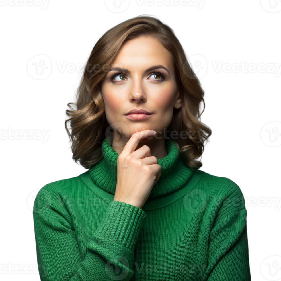 Thoughtful woman in green sweater on transparent background png