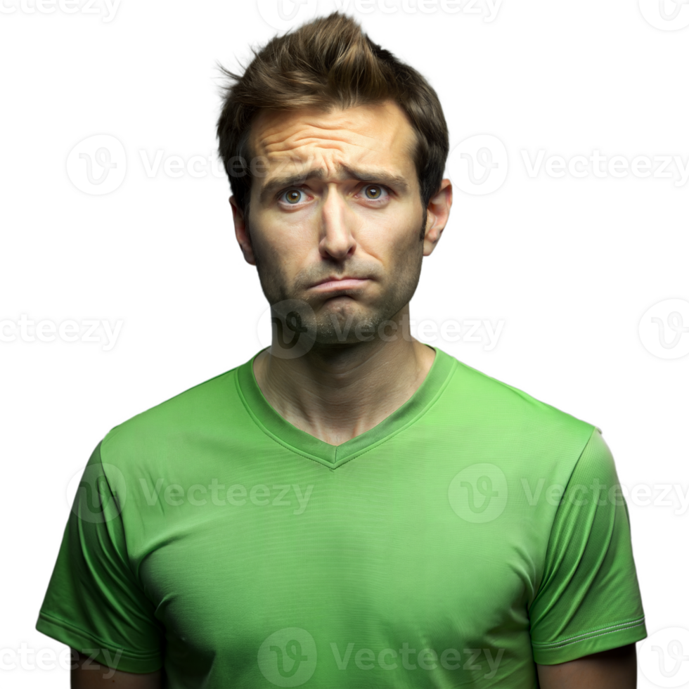 Man with uncertain expression in green shirt on transparent background png