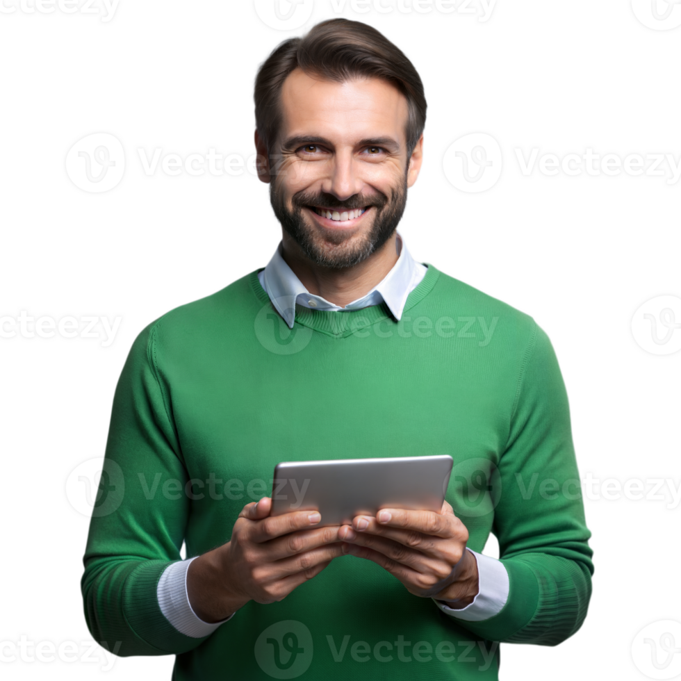 Smiling man holding tablet on transparent background png
