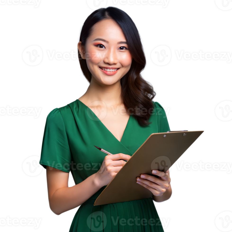 Smiling businesswoman holding a clipboard on a transparent background png
